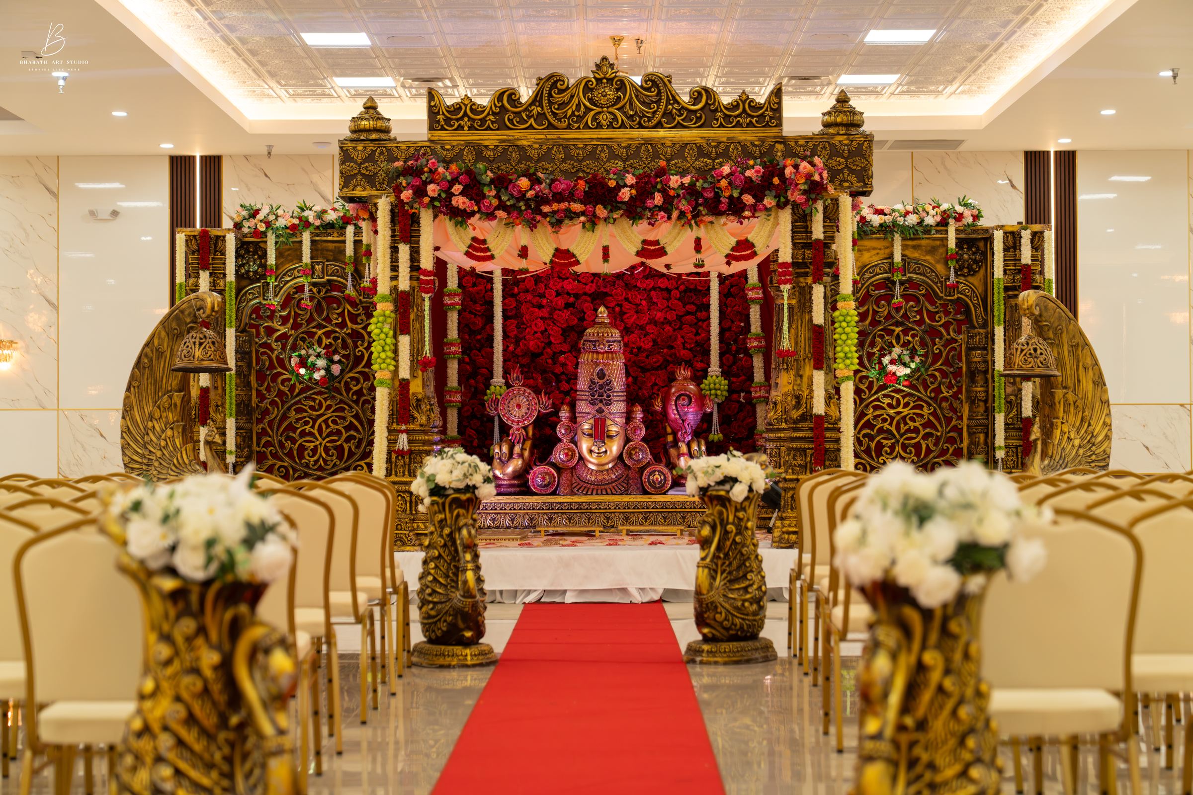 Wedding reception setup — gold tables and mandap — Triveni Banquet Virginia